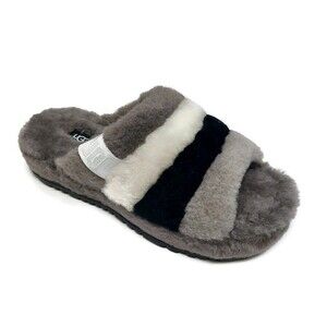 UGG Mens Size 4 Fluff You Stripes Sheepskin Slippers Dark Gray Multi-Color